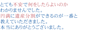 とても不安で何をしたらよいのかわかりませんでした。
円満に遺産分割ができるのが一番と教えていただきました。
本当にありがとうございました。